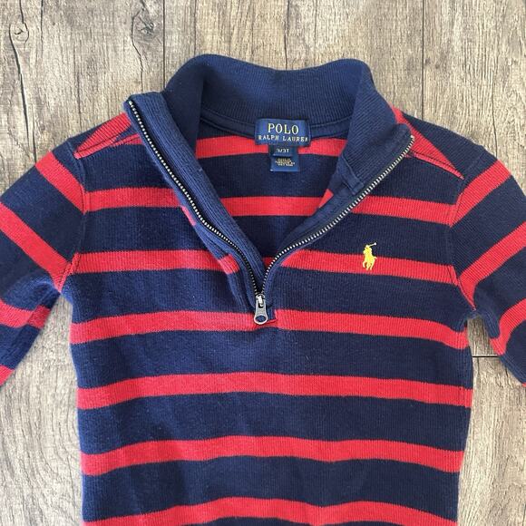 Polo Ralph Lauren Boys 3T Half Zip Cotton Knit Pullover Sweater Navy Red Striped - Picture 2 of 9